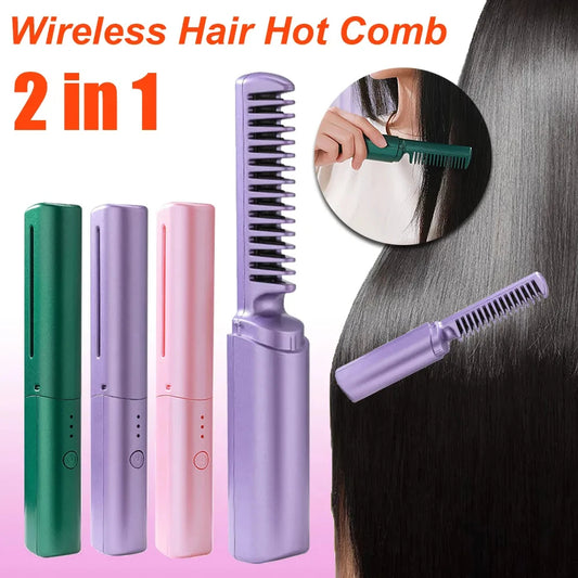 Professional Wireless Hair Straightener Brush – Portable 2-in-1 Ionic Heated Comb for Fast Styling & Frizz Control